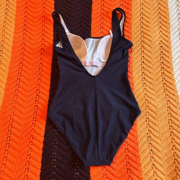 1980s Black and bronze stripe one piece full coverage swim suit - made in canada - Picture 12 of 13